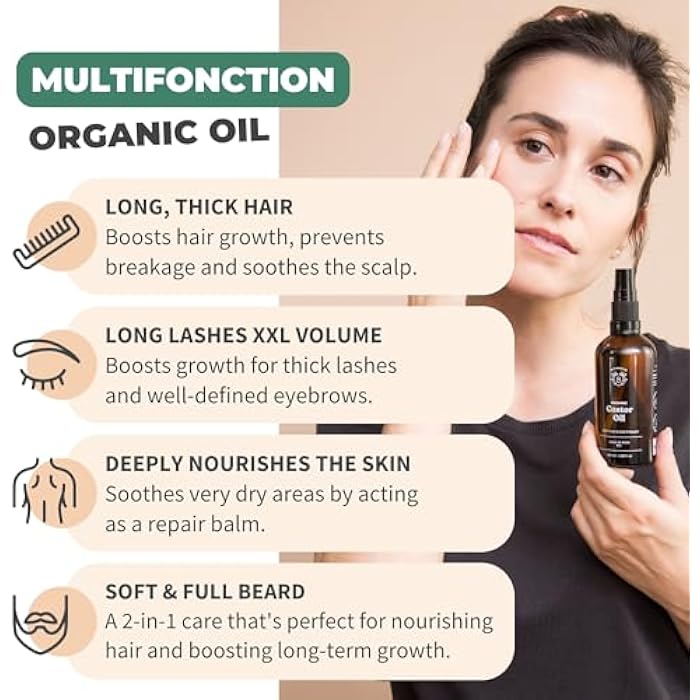 Bionoble Castor Oil Organic 50 ml - 100% Pure, Natural and Cold Pressed - Eyelashes, Eyebrows, Hair, Beard, Nails - Vegan and Cruelty Free - Castor Oil - Glass Bottle + Pipette + Pump - Image 3